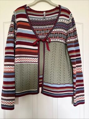 Hanna Andersson tie front  cardigan ribbon woman’s sz L Fair Isle Tie M?